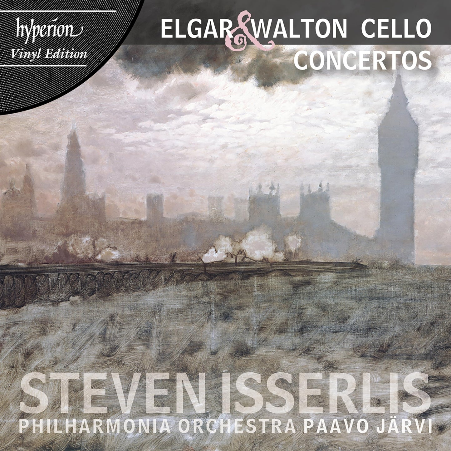 Album cover for Elgar & Walton cello concertos featuring a landscape painting.