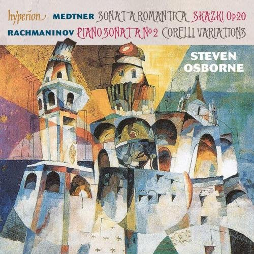 Abstract architectural artwork with text: "Steven Osborne - Medtner & Rachmaninov: Piano Sonatas."