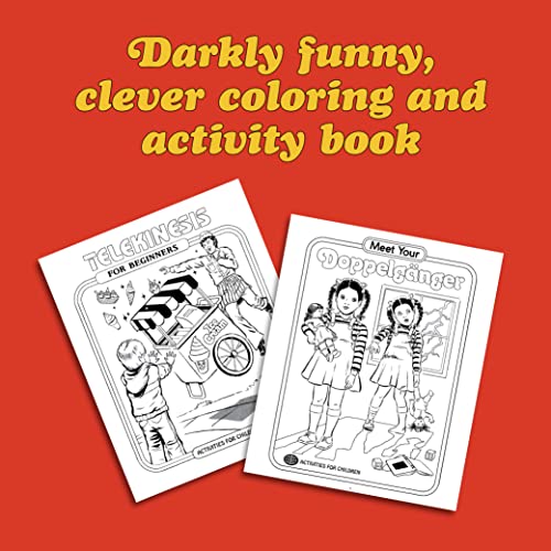 Two coloring book pages featuring creepy illustrations on a red background.