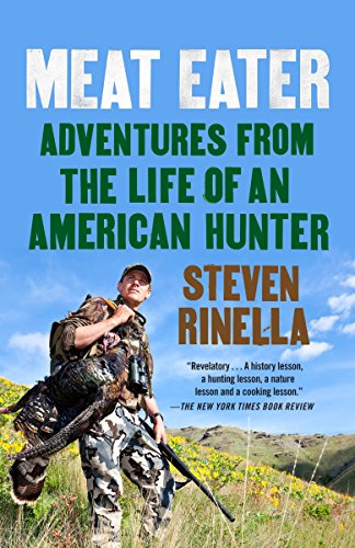 Book cover: hunter with prey, mountainous landscape, blue sky.