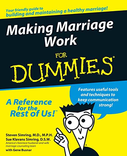 Book cover: "Making Marriage Work For Dummies" with cartoon illustration.