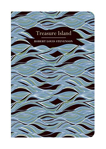 Book cover of Treasure Island by Robert Louis Stevenson with blue wave pattern background.