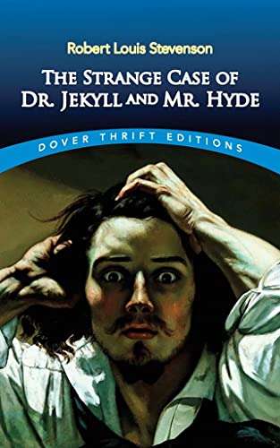 Book cover for "The Strange Case of Dr. Jekyll and Mr. Hyde," showing a distressed man.
