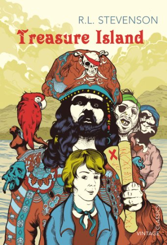 Vintage book cover of "Treasure Island" featuring pirates and a boy.