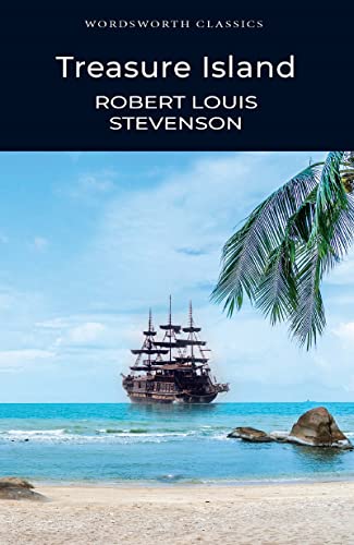 Book cover for Treasure Island featuring a sailing ship on the sea near a beach.
