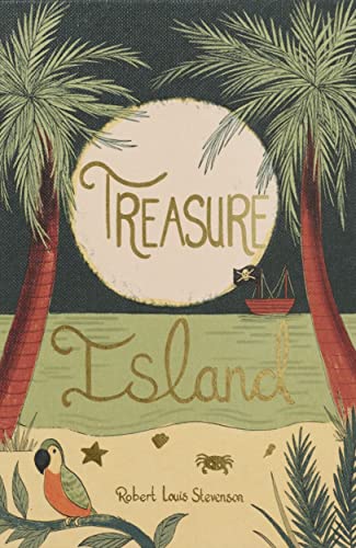 Book cover illustration of Treasure Island featuring palm trees, a parrot, and a ship.