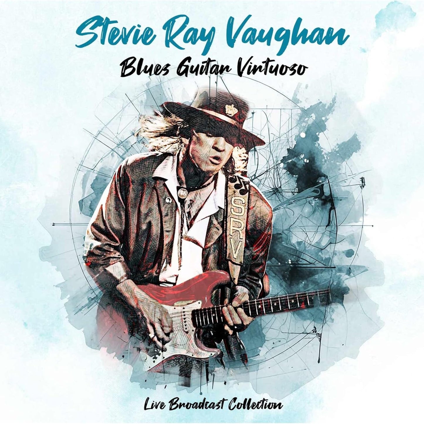 Stevie Ray Vaughan playing guitar, watercolor-style CD cover art.