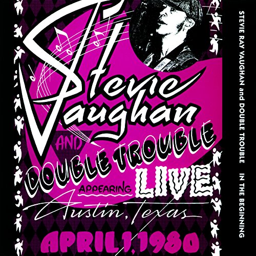 Album cover with pink background, black text, and a circular portrait of Stevie Ray Vaughan.