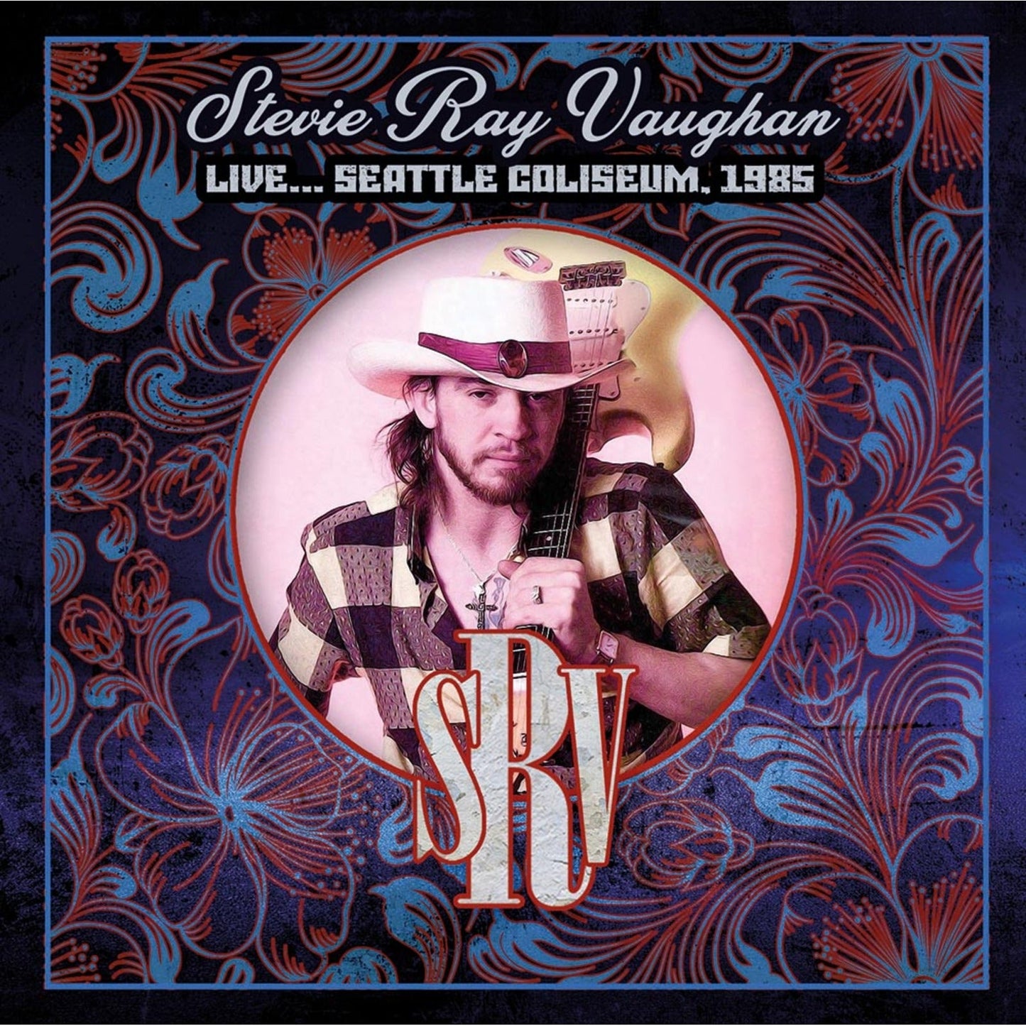 Stevie Ray Vaughan album cover featuring a portrait and guitar.