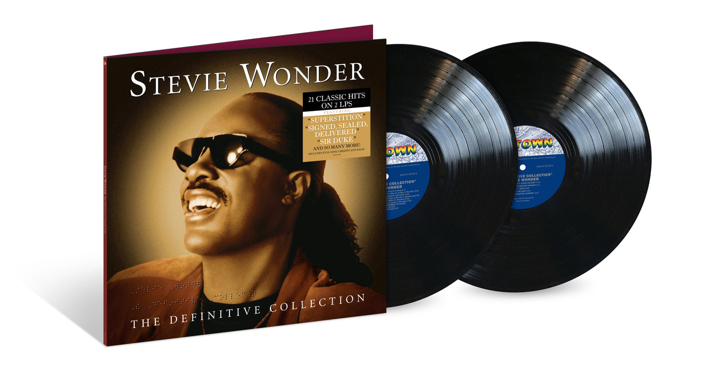 Stevie Wonder The Definitive Collection vinyl record set with album cover and two discs.