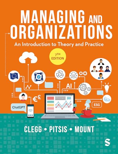 Textbook cover titled Managing and Organizations with orange background and digital technology icons.