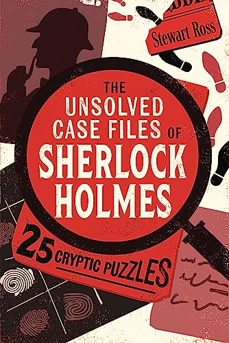 Sherlock Holmes puzzle book cover with magnifying glass, footprints, and silhouette.