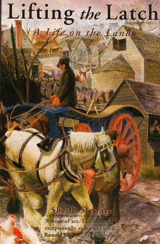 A painting of a man driving a horse-drawn cart through a rural village setting.