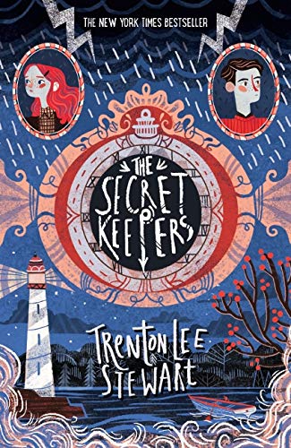 Book cover: illustrated portraits within ornate frames, clock, lighthouse, stormy sky.