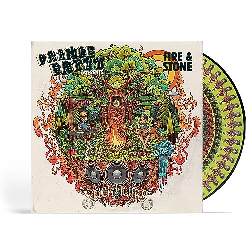 Vinyl record cover featuring a colorful tree with a face and sound system.