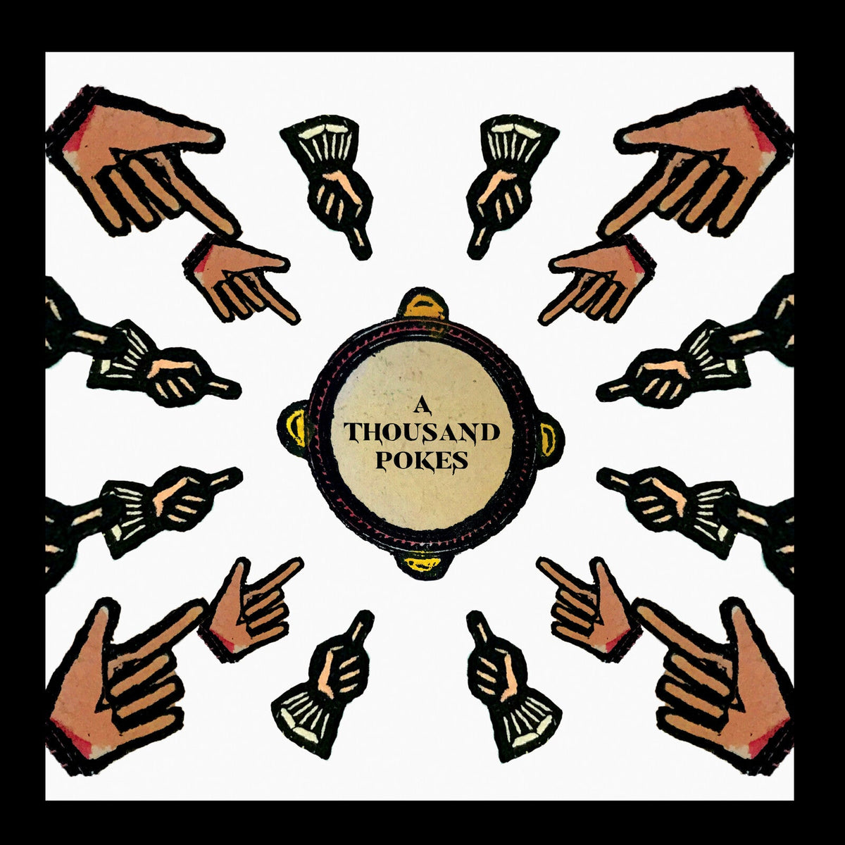 Vinyl record cover with stylized hands pointing towards a central label.