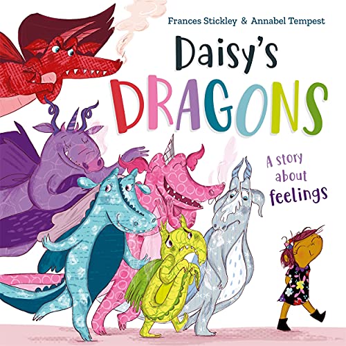 Book cover featuring colorful dragons and a young girl with pink hair.