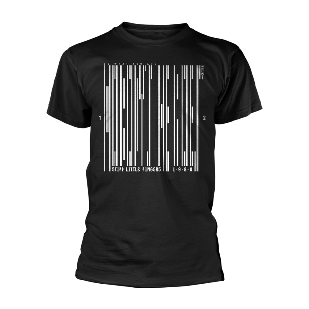 Black t-shirt with a white barcode and band name graphic.