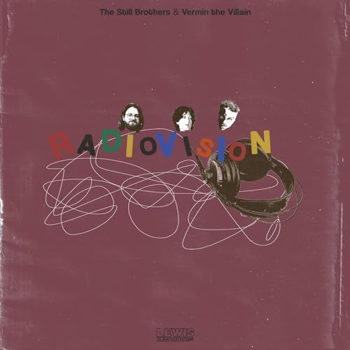 Album cover for "Radiovision" featuring portraits and headphones on maroon.
