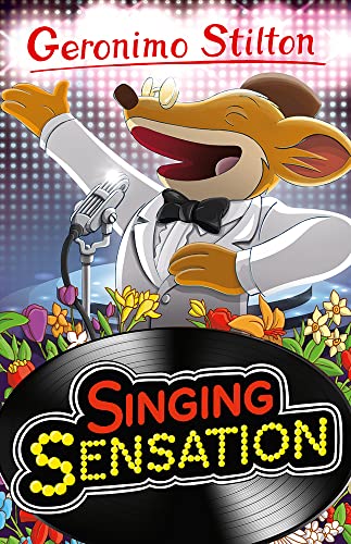 Geronimo Stilton mouse character singing into a microphone on stage.