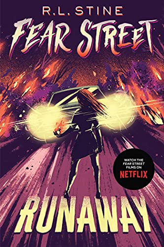 “Runaway” book cover: Silhouette running in rain with fiery, dramatic background.