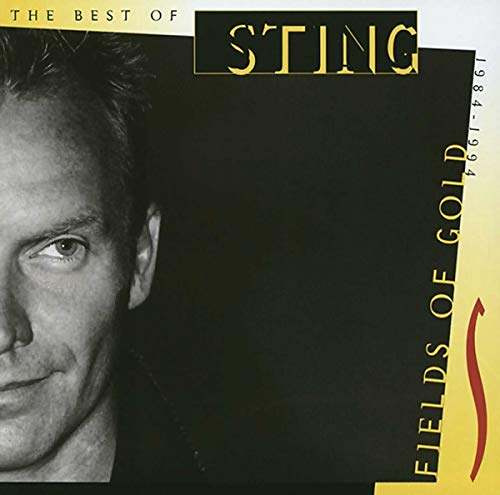 Black and white close-up portrait of Sting on a yellow and black CD cover.