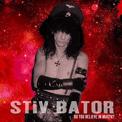 Stiv Bators album cover: shirtless man with hat, red and black background.