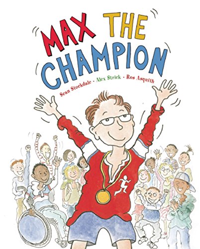 Book cover illustration of a boy wearing a gold medal surrounded by cheering children.