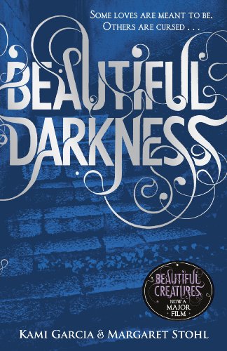 Book cover for “Beautiful Darkness” with swirling text and a staircase.
