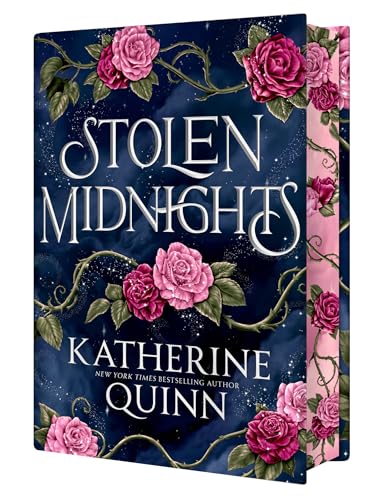 Book cover: “Stolen Midnights” with roses and starry dark blue background.