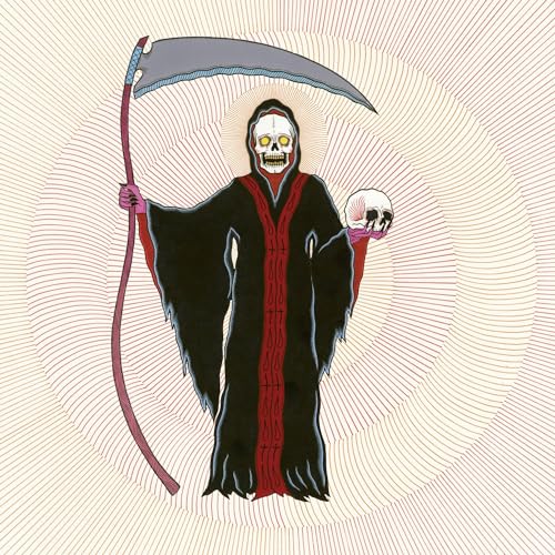 Grim reaper figure with scythe and skull, against a radial background.