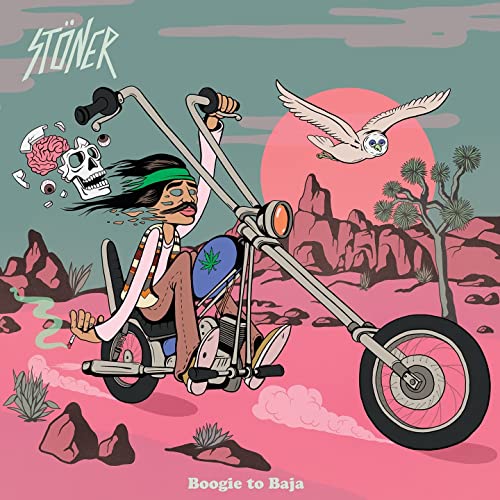 Cartoon album cover featuring a person on a chopper motorcycle in a desert.