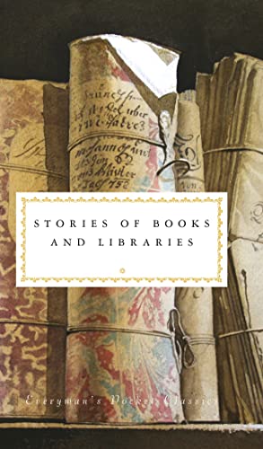 Book cover with aged paper and text: "Stories of Books and Libraries.