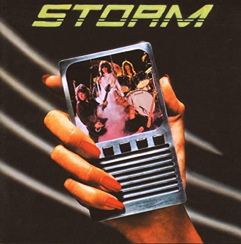 Album cover for "Storm" featuring a band in a hand-held television.