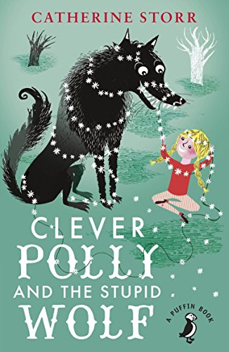 "Book cover featuring a cartoon girl and a star-covered wolf on a green background."