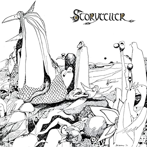 Black and white illustration of bird-like figures with the title "Storyteller".