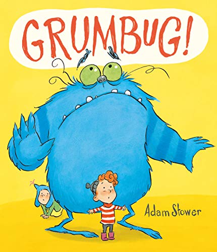 Blue monster with a child, illustrated book cover, bright yellow background.