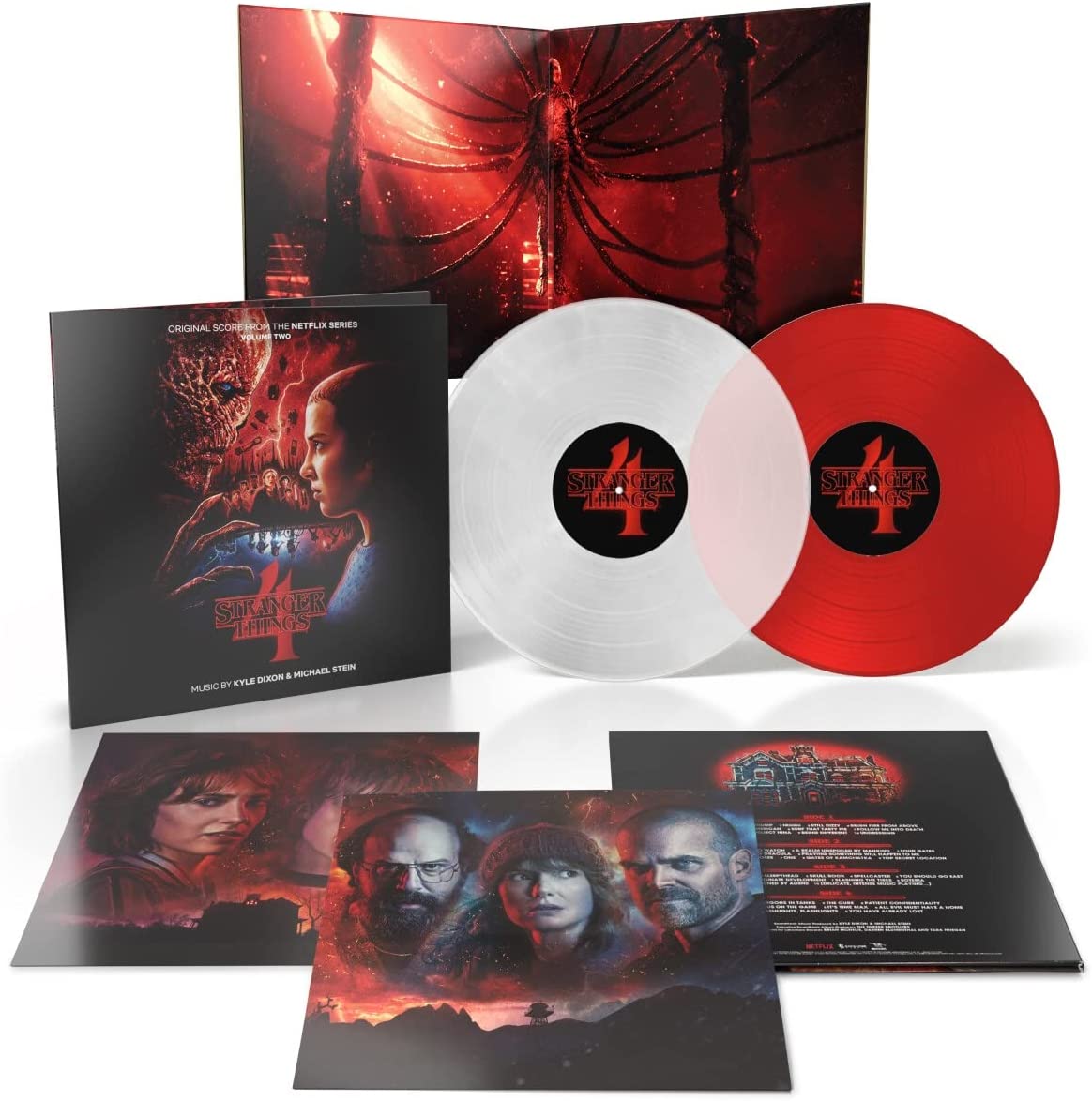 Stranger Things 4" vinyl soundtrack set with red and white records, and artwork.
