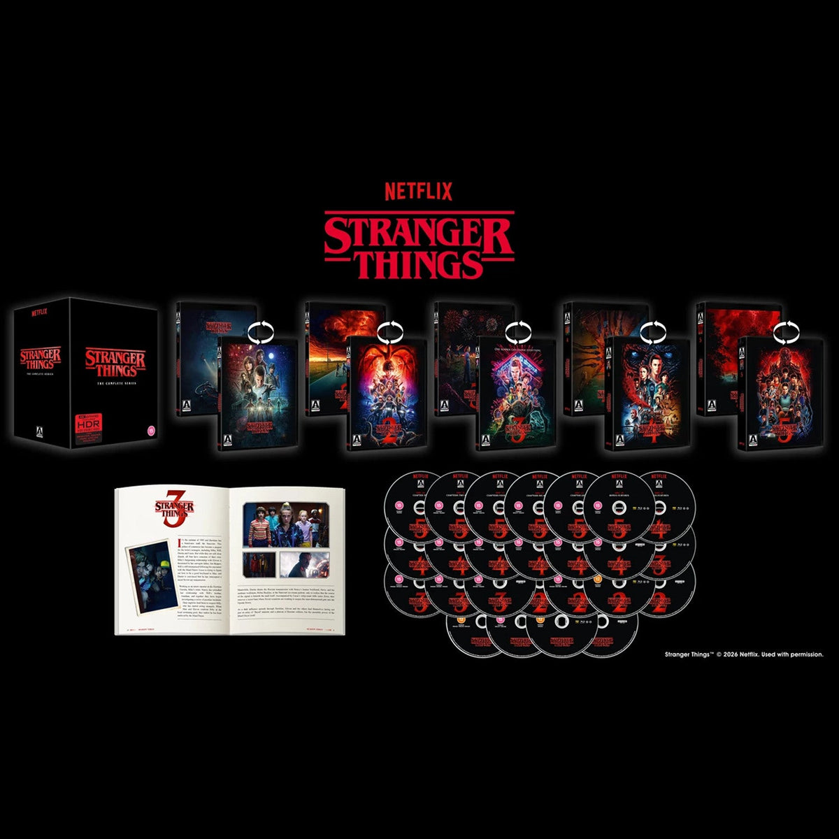 Stranger Things" complete Blu-ray series with box sets, discs, and booklet.