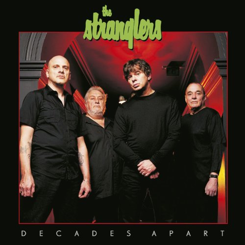 The Stranglers band members in black clothing, album cover for "Decades Apart".