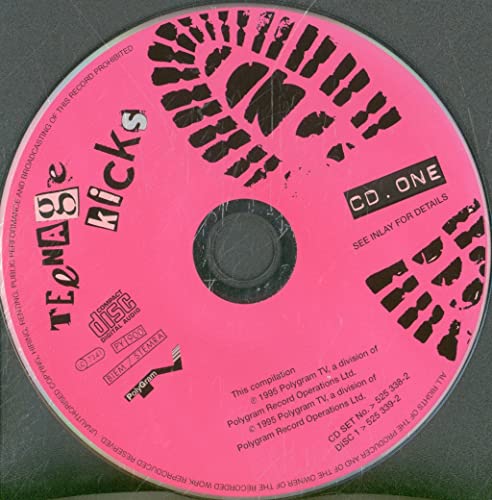 Pink CD with black text reading "Teenage Kicks" and a footprint design.