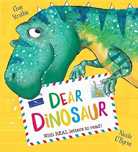 Green dinosaur reaching for a red and white striped envelope labeled "Dear Dinosaur".