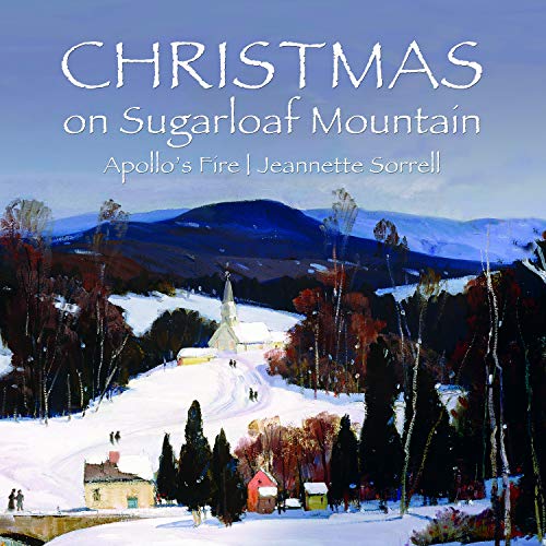 "Album cover featuring a snowy mountain landscape with a church and houses."