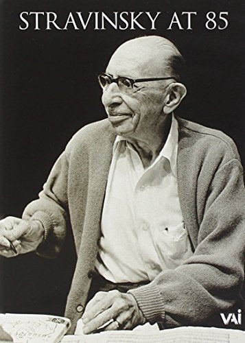 Black and white portrait of Igor Stravinsky, composer, at age 85.