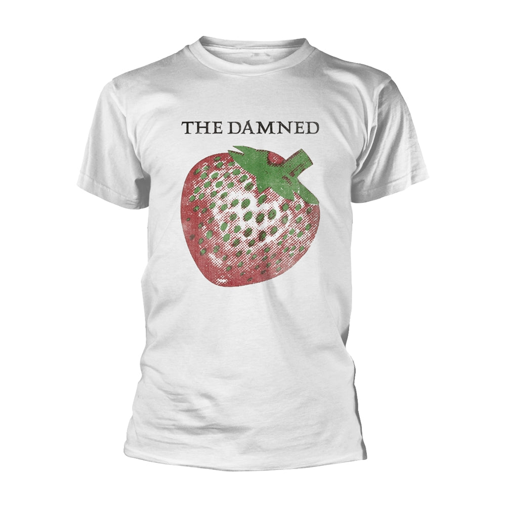 White t-shirt with a red and green strawberry graphic print.