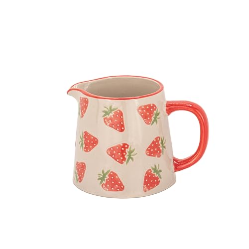 Cream-colored jug with red strawberry pattern and red handle/rim.