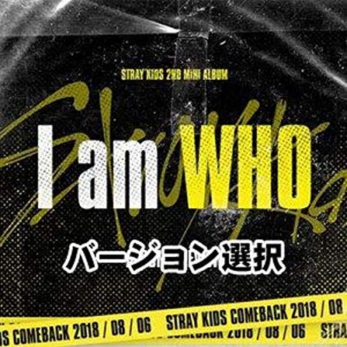Stray Kids I Am Who album cover with yellow text on a black background.