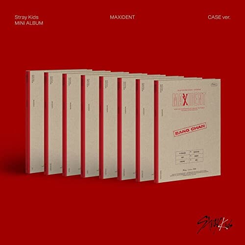 Stray Kids "Maxident" album cases in beige and red, stacked on red background.
