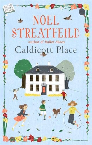 Book cover illustration of a house with children playing in front on blue background.
