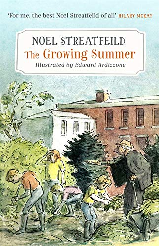 Book cover: children gardening with an adult in front of houses.